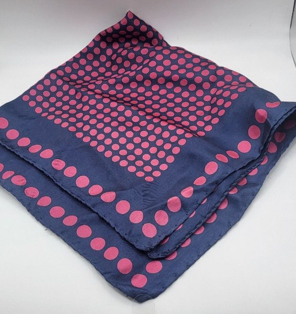 VIntage 60s Navy Blue Pocket Square Magenta Dots 100% Silk 16in square